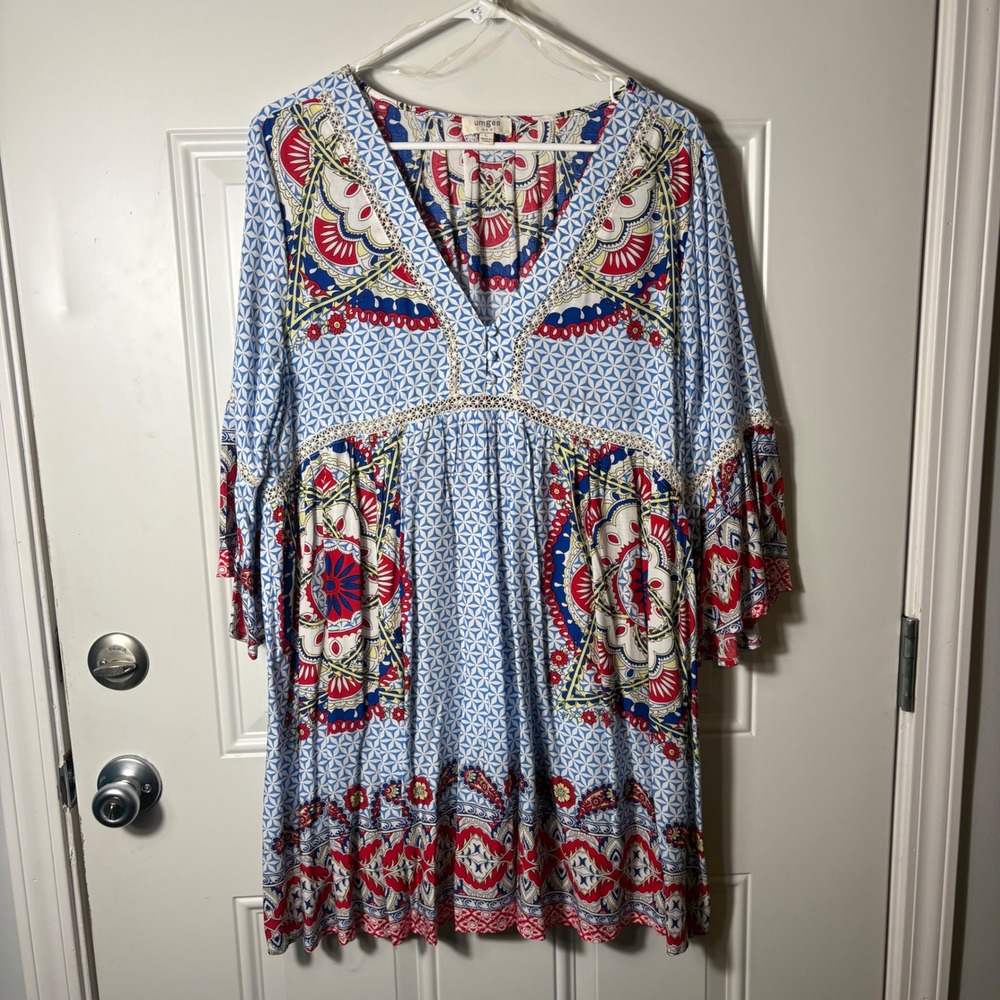 Umgee Boho Mandala Paisley Print Bell Sleeve V-Neck Mini Dress Blue Red Large